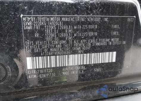 2022 Toyota Rav4 Hybrid Se из США, поврежденный, VIN 4T3T6RFV0NU086867